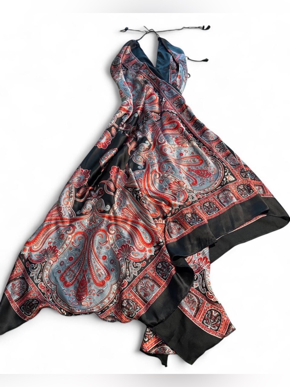 Paisley Halter Midi Dress in Red & Blue